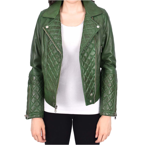 Womens Real Leather Jacket Green Fitted Quilted Trendy Biker Style Bonnie-5