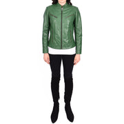 Womens Fitted Leather Biker Jacket Casual Zip Up Coat Jenny Green-5