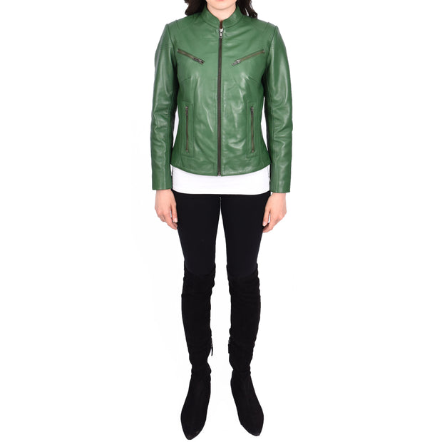 Womens Fitted Leather Biker Jacket Casual Zip Up Coat Jenny Green-5