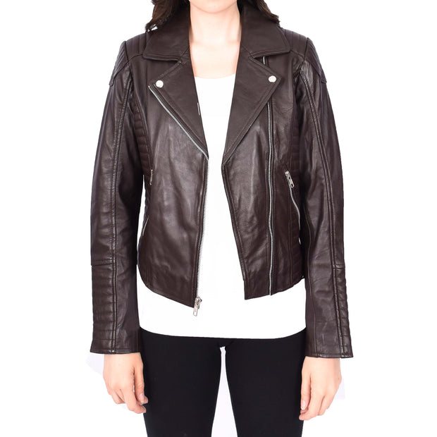 Womens Designer Leather Biker Jacket Fitted Quilted Bonita Brown-5