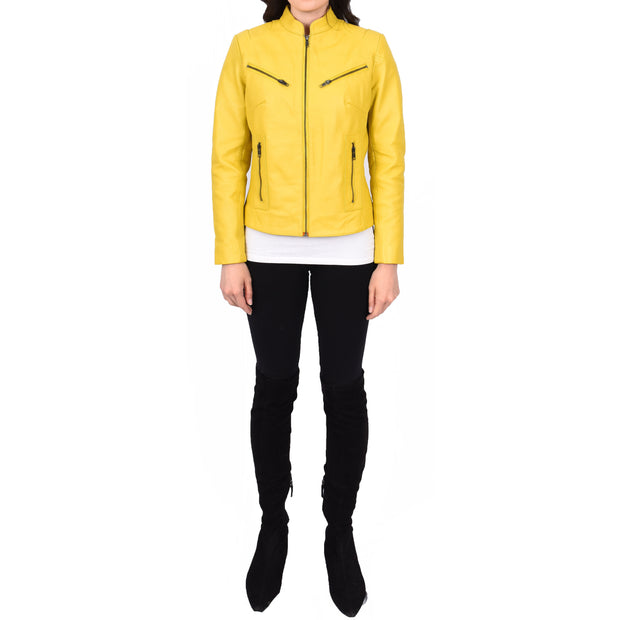 Womens Fitted Leather Biker Jacket Casual Zip Up Coat Jenny Yellow-5