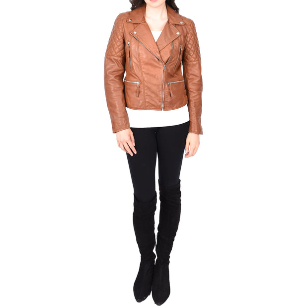 Womens Real Leather Jacket X-Zip Biker Style Fitted Quilted Liz Cognac