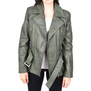Womens Green Leather Belted Jacket Hip Length With Zip Details Sandra