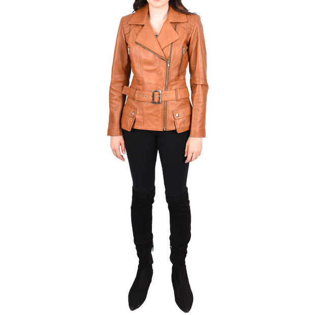 Womens Tan Leather Belted Jacket Hip Length With Zip Details Sandra