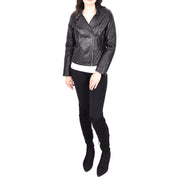 Trendy Black Leather Biker Jacket For Women Quilted Fitted Band Collar Penny