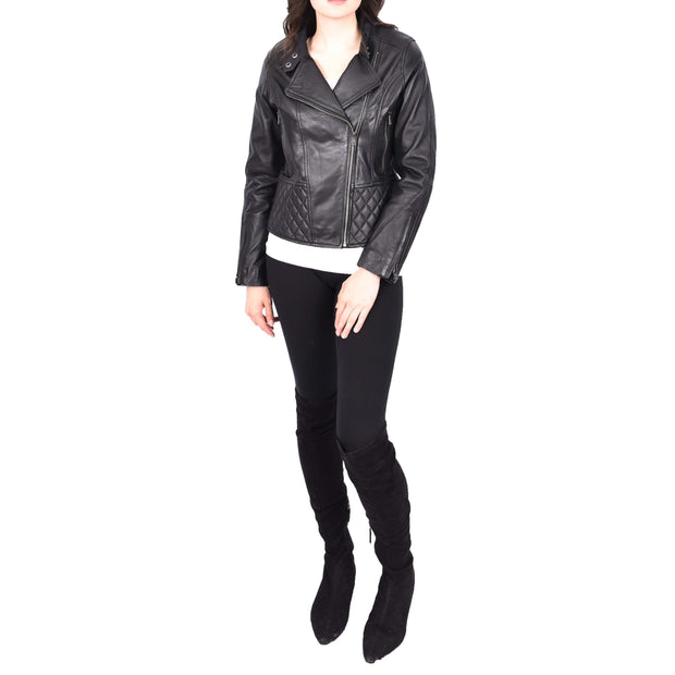 Trendy Black Leather Biker Jacket For Women Quilted Fitted Band Collar Penny