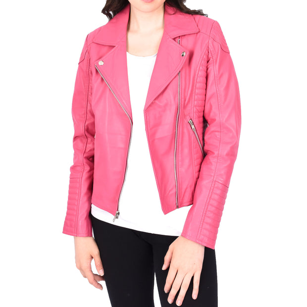 Womens Designer Leather Biker Jacket Fitted Quilted Bonita Pink-5