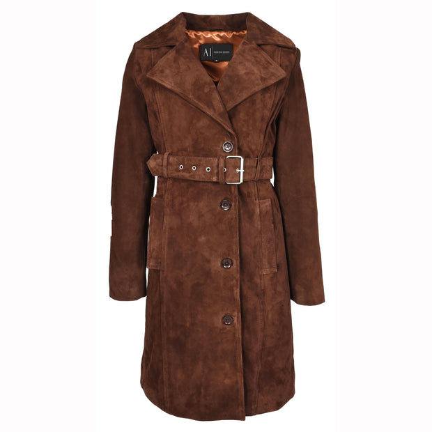 Women's Fine Goat Suede Trench Coat Below Knee Length, Belted Waist Long Jacket, Classic Style Rona Brown
