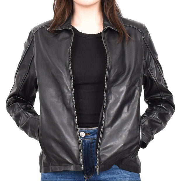 Womens Soft Black Leather Jacket Casual Biker Style Fitted Zip Fasten Aira