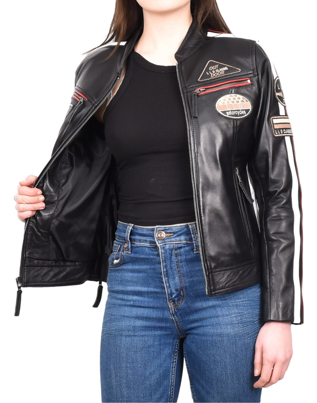 Womens Real Black Leather Cafe Racer Biker Jacket Motorcycle Retro Badges Abby