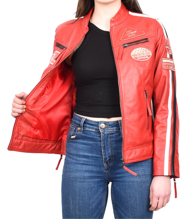 Womens Real Red Leather Cafe Racer Biker Jacket Motorcycle Retro Badges Abby