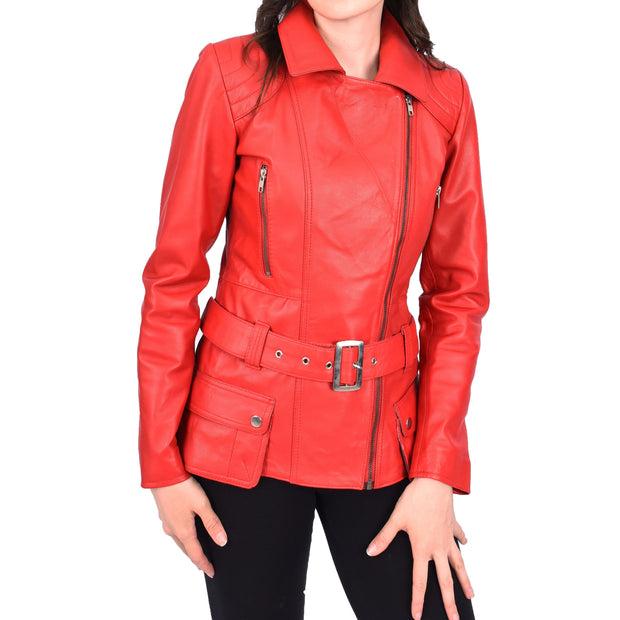 Womens Red Leather Belted Jacket Hip Length With Zip Details Sandra