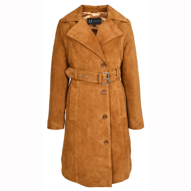 Women's Fine Goat Suede Trench Coat Below Knee Length, Belted Waist Long Jacket, Classic Style Rona Cognac