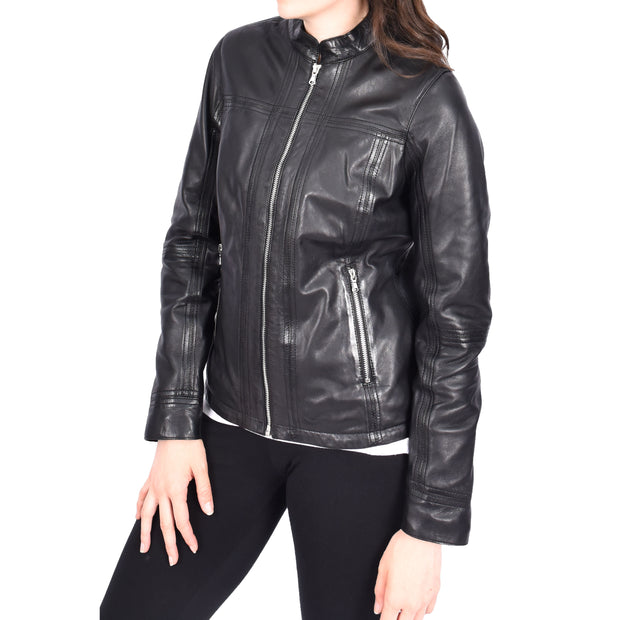 Womens Soft Leather Biker Jacket Fitted Zip Fasten Band Collar Casual Style Mia Black