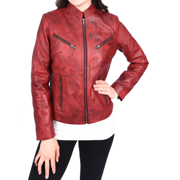 Womens Fitted Leather Biker Jacket Casual Zip Up Coat Jenny Dirty Red-6