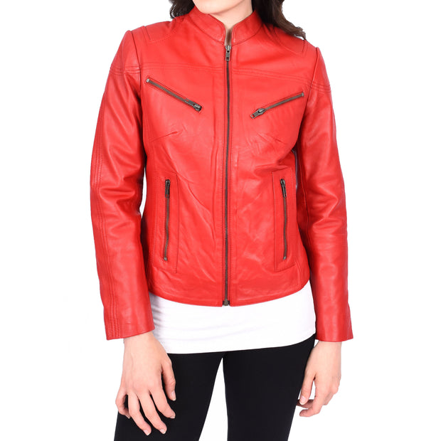 Womens Fitted Leather Biker Jacket Casual Zip Up Coat Jenny Red