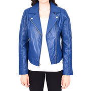 Womens Designer Leather Biker Jacket Fitted Quilted Bonita Blue-6