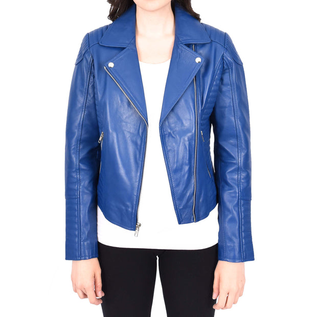 Womens Designer Leather Biker Jacket Fitted Quilted Bonita Blue-6