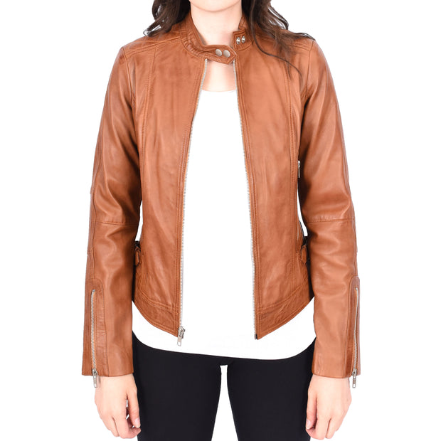 Womens Soft Tan Leather Biker Jacket Designer Stylish Fitted Quilted Celeste