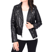 Womens Real Leather Jacket X-Zip Biker Style Fitted Quilted Liz Black