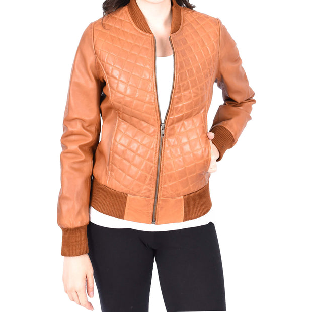 Womens Real Leather Bomber Jacket Tan Diamond Quilted Fitted Varsity Storm