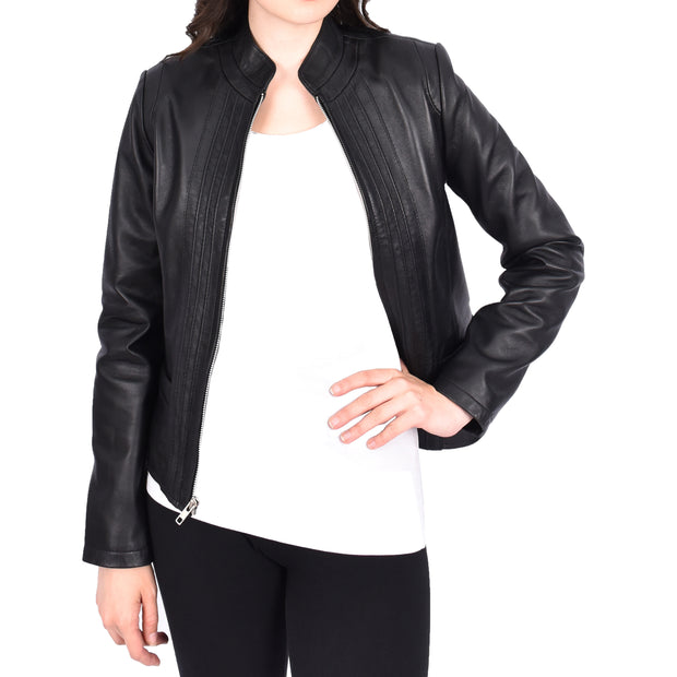 Womens Soft Black Leather Biker Jacket Stand-Up Band Collar Bliss