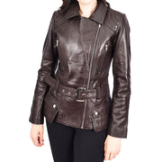 Womens Brown Leather Belted Jacket Hip Length With Zip Details Sandra