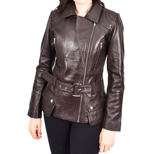 Womens Brown Leather Belted Jacket Hip Length With Zip Details Sandra