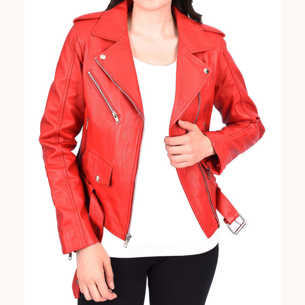 Womens Authentic Soft Leather Biker Jacket Slim Fit Jessie Red-6