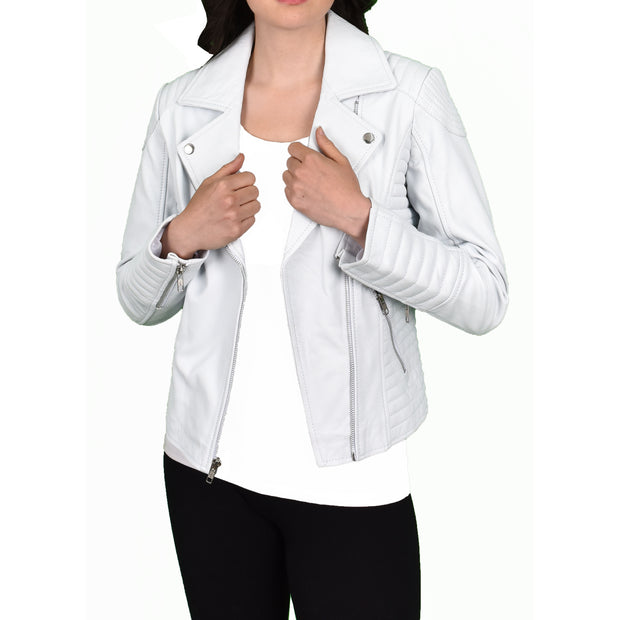 Womens Designer Leather Biker Jacket Fitted Quilted Bonita White-6