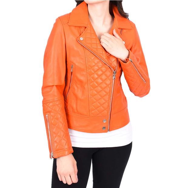 Womens Real Leather Jacket Orange Fitted Quilted Trendy Biker Style Bonnie-6