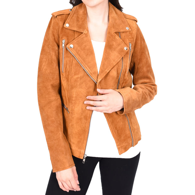 Womens Genuine X-Zip Fitted Biker Tan Suede Leather Jacket Rusty