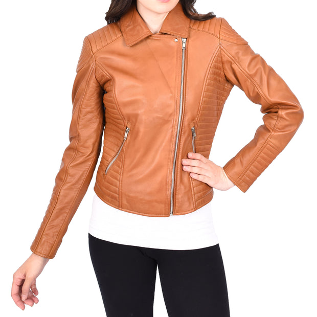 Womens Designer Leather Biker Jacket Fitted Quilted Bonita Tan-6