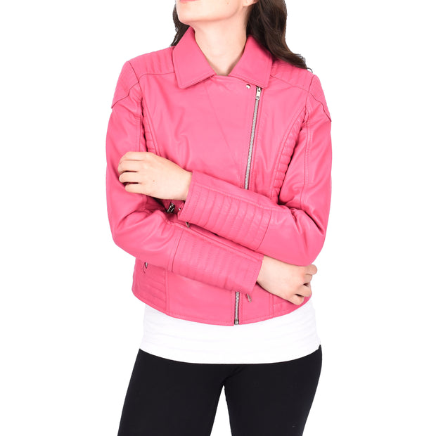 Womens Designer Leather Biker Jacket Fitted Quilted Bonita Pink-6