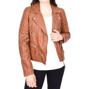 Womens Real Leather Jacket X-Zip Biker Style Fitted Quilted Liz Cognac