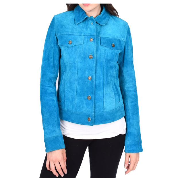 Womens Suede Trucker Jacket Teal Blue American Western Style Marisa