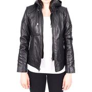 Womens Genuine Black Leather Biker Style Jacket With Removable Hood Sally