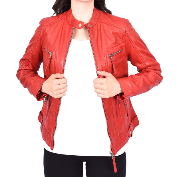 Womens Soft Leather Biker Jacket Red Casual Fitted Trendy Stylish Zoe