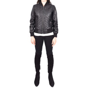 Womens Real Leather Bomber Jacket Black Diamond Quilted Fitted Varsity Storm