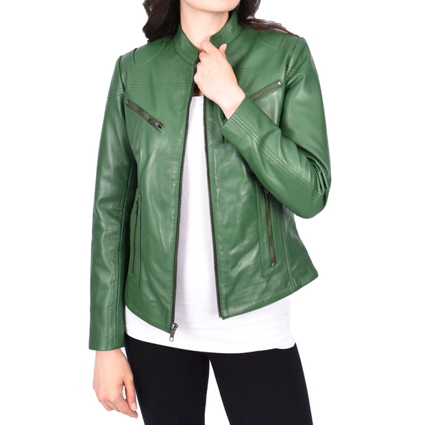 Womens Fitted Leather Biker Jacket Casual Zip Up Coat Jenny Green-6