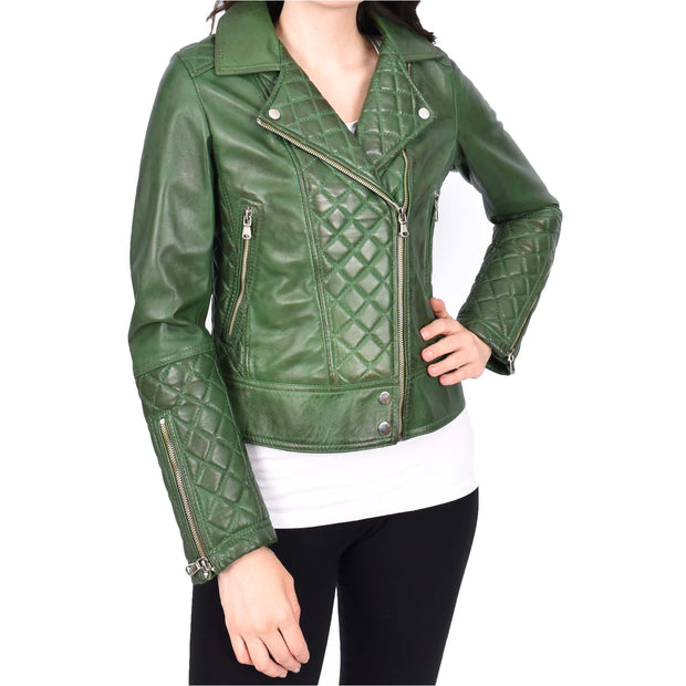 Womens Real Leather Jacket Green Fitted Quilted Trendy Biker Style Bonnie-6