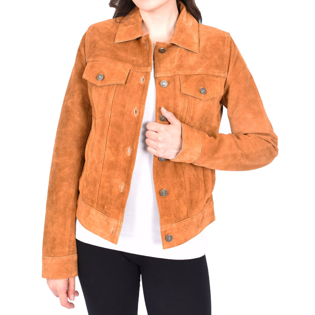 Womens Tan Suede Trucker Jacket American Western Style Marisa