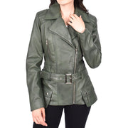 Womens Green Leather Belted Jacket Hip Length With Zip Details Sandra