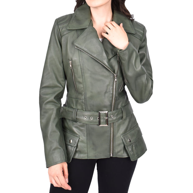 Womens Green Leather Belted Jacket Hip Length With Zip Details Sandra