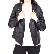 Trendy Black Leather Biker Jacket For Women Quilted Fitted Band Collar Penny