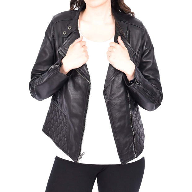 Trendy Black Leather Biker Jacket For Women Quilted Fitted Band Collar Penny