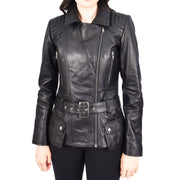 Womens Black Leather Belted Jacket Hip Length With Zip Details Sandra-6