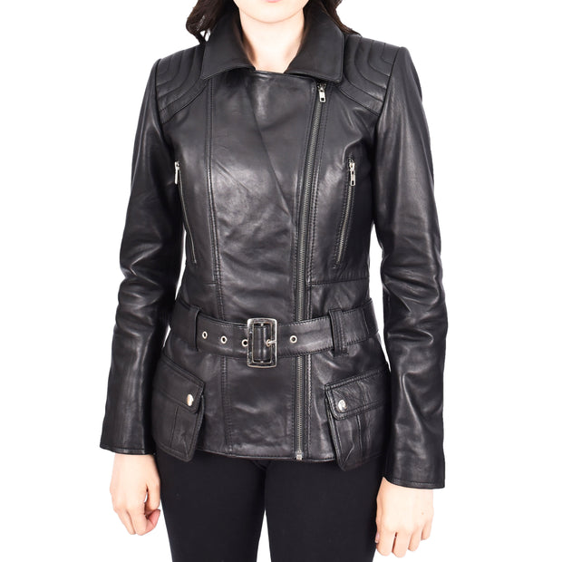 Womens Black Leather Belted Jacket Hip Length With Zip Details Sandra-6