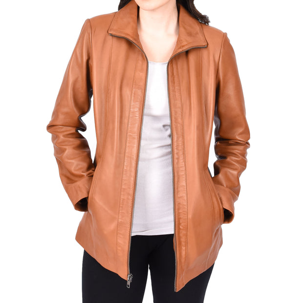 Womens Classic Semi Fitted Biker Real Leather Jacket Nicole Tan-6