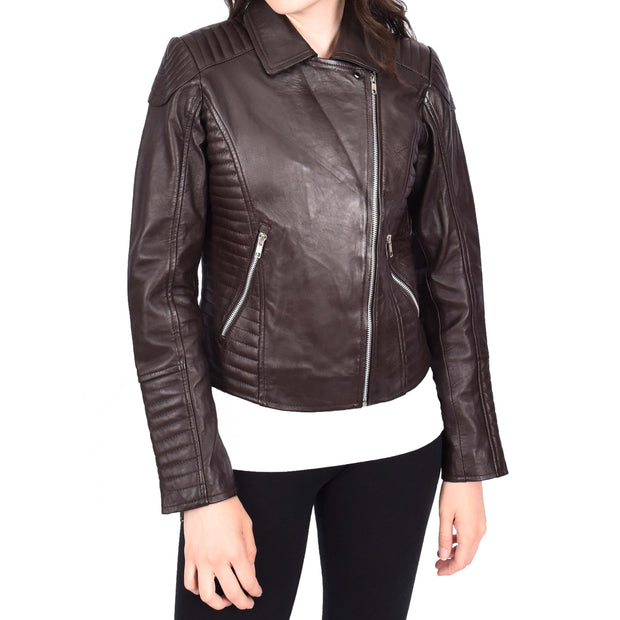 Womens Designer Leather Biker Jacket Fitted Quilted Bonita Brown-6